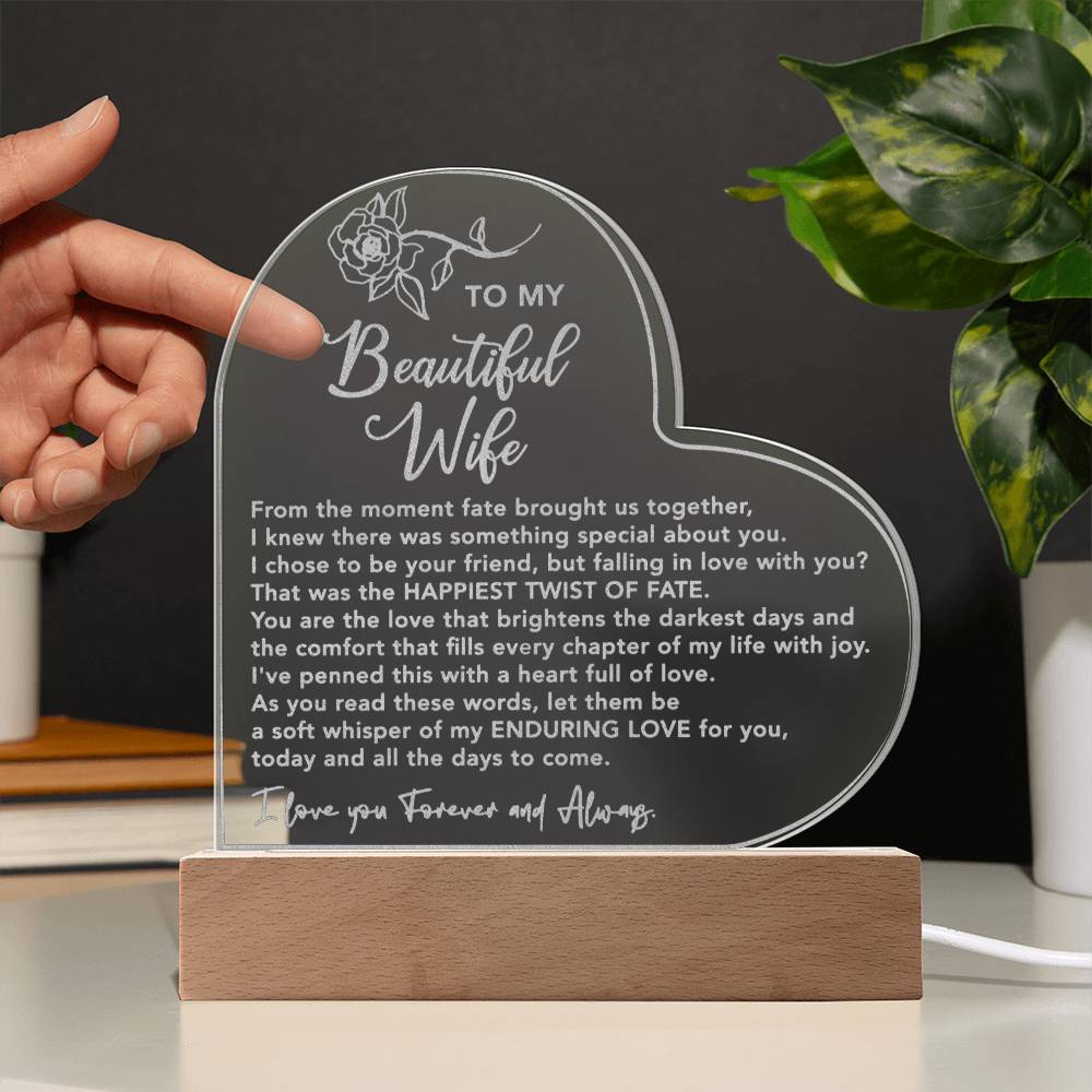 To My Beautiful Wife | Enduring Love Engraved Acrylic Heart Plaque