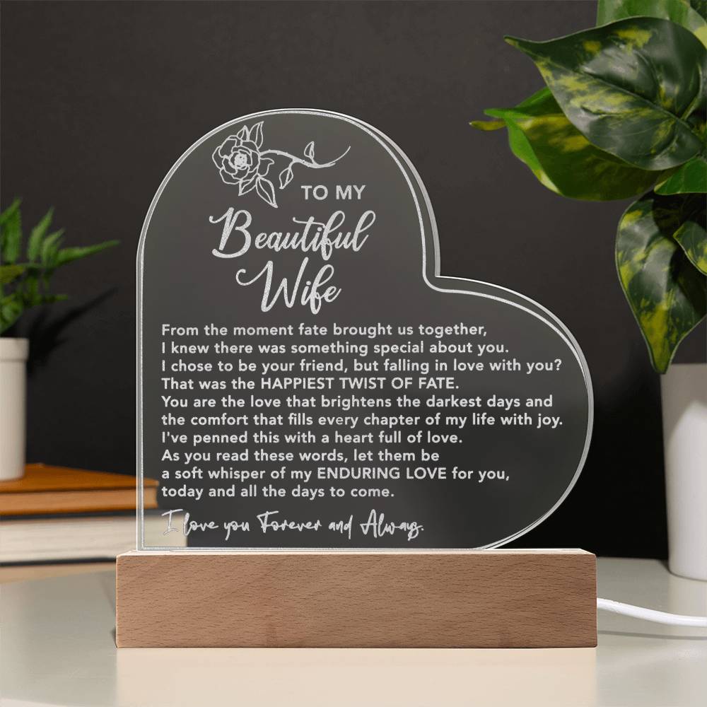 To My Beautiful Wife | Enduring Love Engraved Acrylic Heart Plaque