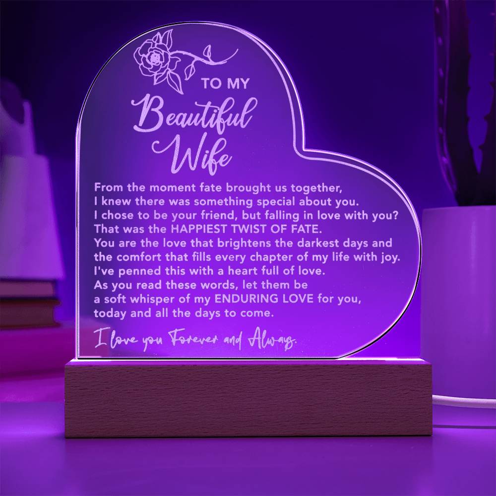 To My Beautiful Wife | Enduring Love Engraved Acrylic Heart Plaque