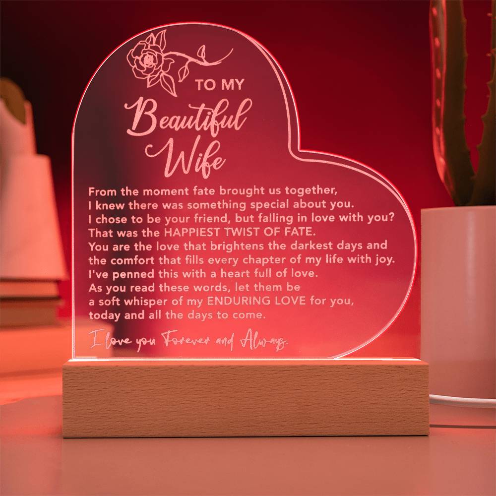 To My Beautiful Wife | Enduring Love Engraved Acrylic Heart Plaque