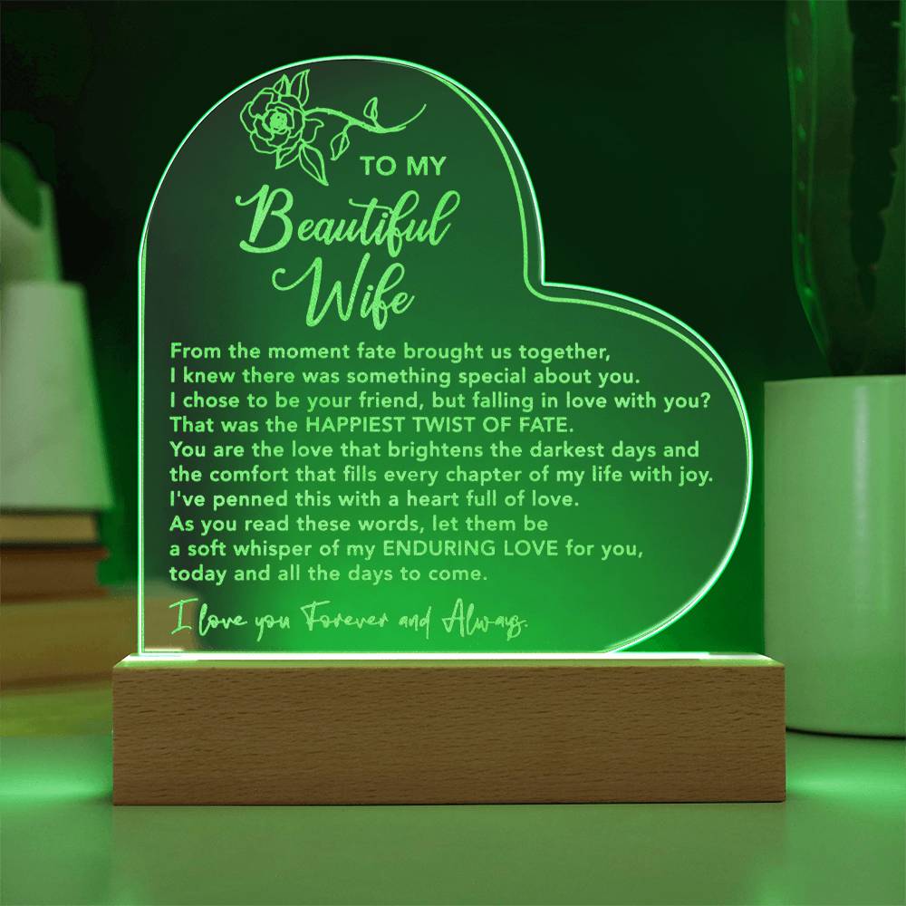 To My Beautiful Wife | Enduring Love Engraved Acrylic Heart Plaque